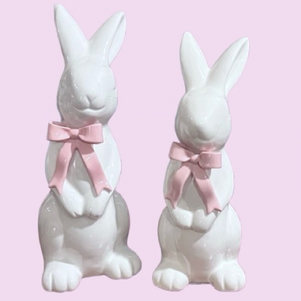 🆕- Set of 2 Charming Pink & White Coquette Ceramic Bunnies w/ Pink Bow